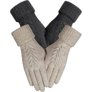 Women's Khaki Black Winter Warm Elastic Texting Knit Lined Stylish Gloves